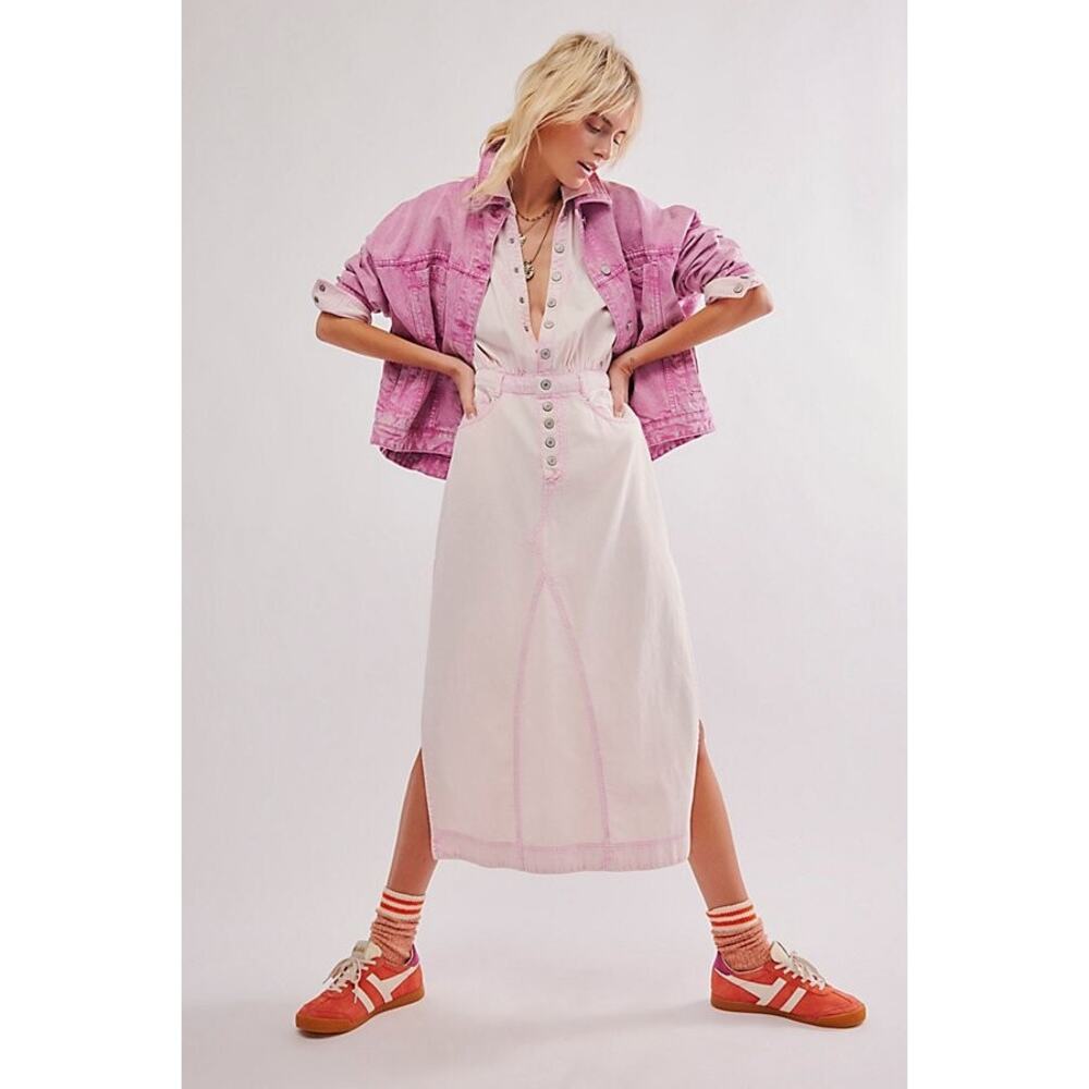 Free People Mad Love cotton denim pink midi dress size large